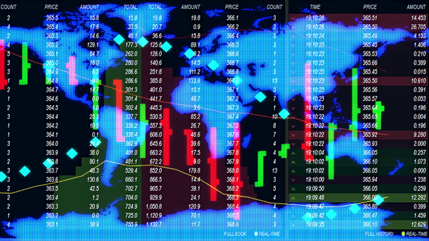 mercado de valores de divisas cuadro de ticker board y mapa holográfico de la tierra en el fondo - nueva calidad financiera negocio animado vídeo de movimiento dinámico
 - Imágenes, Vídeo