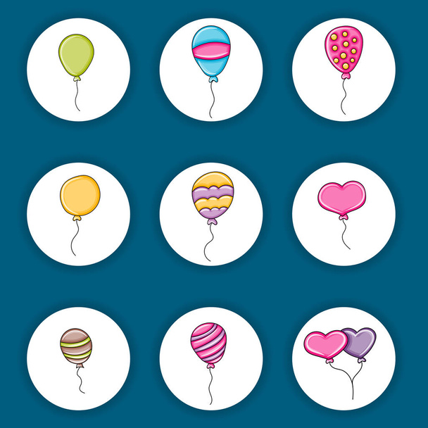 Μπαλόνια γενεθλίων και γιορτή εικονίδια έννοια. Doodles κινουμένων σχεδίων - Διάνυσμα, εικόνα