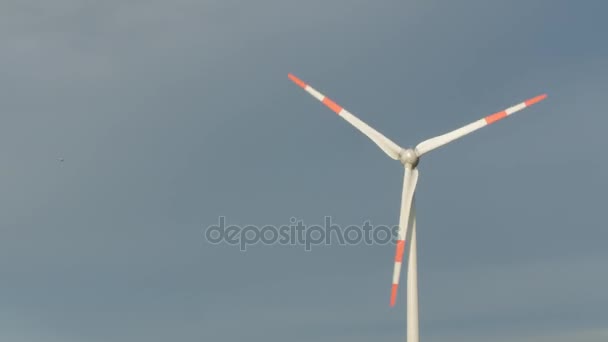 Turbinas eólicas regulares girando en el viento sobre un cielo azul
. - Metraje, vídeo