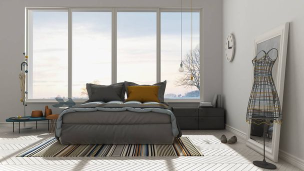 Colored modern white bedroom with big panoramic window, sunset,  - Zdjęcie, obraz