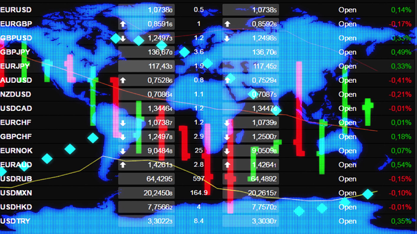 mercado de valores de divisas cuadro de ticker board y mapa holográfico de la tierra en el fondo - nueva calidad financiera negocio animado vídeo de movimiento dinámico
 - Imágenes, Vídeo