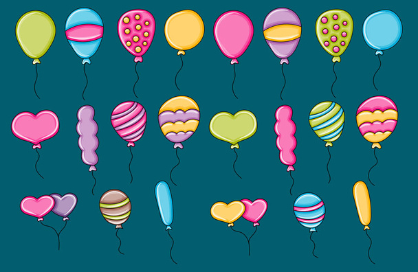 Palloncini compleanno e celebrazione icone concetto. Scarabocchi dei cartoni animati
 - Vettoriali, immagini