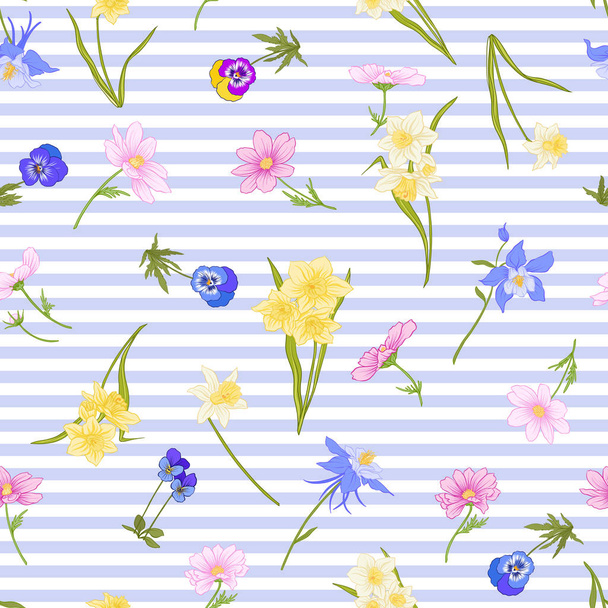 Patrón sin costuras con narcisos, anémonas, violetas en botánico
 - Vector, imagen