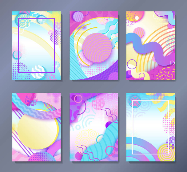 Abstract posters set in trendy 80s-90s memphis style with patterns, frames and geometric shapes, colorful background with text place, vector illustration - Διάνυσμα, εικόνα