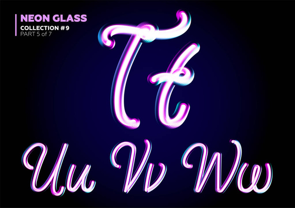 Neon Glowing 3D Typeset. Set di caratteri di lettere di vetro. Colori rosa e blu lucido
. - Vettoriali, immagini
