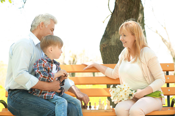 Lindo niño pequeño con sus abuelos jugando ajedrez en el banco en el parque de primavera
 - Foto, imagen