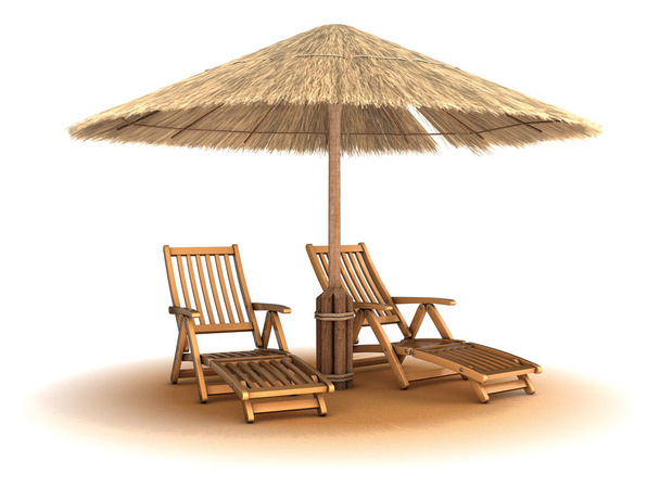 Two wooden deck chairs under an umbrella made of reeds. - Photo, Image