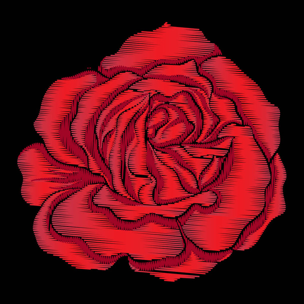 Embroidery red rose on black background. Stock line vector illus - Vetor, Imagem