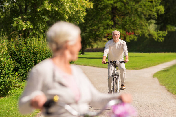 happy senior couple riding bicycles at summer park - Photo, Image