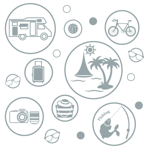 Набір стилізованих іконок мандрівного обладнання та аксесуарів до r
 - Вектор, зображення