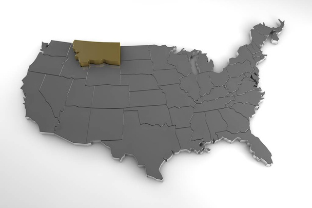 Spojené státy americké, 3d kovové mapa, státu montana whith zvýrazněny. 3D vykreslování - Fotografie, Obrázek