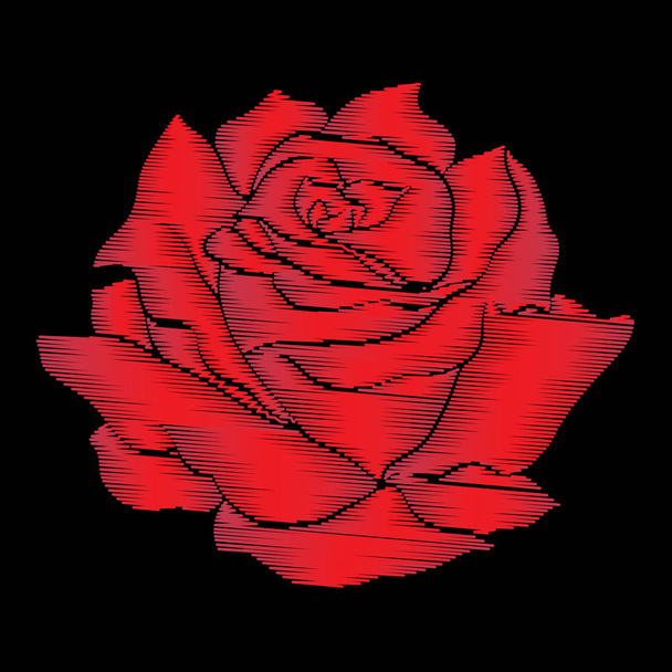 Embroidery red rose on black background. Stock line vector illus - Διάνυσμα, εικόνα