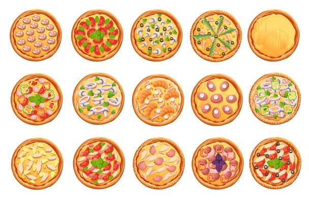 Набір піктограм плоских піци, ізольовані на білий набір піца вид зверху. Сторінки веб-сайту і програм для мобільних пристроїв елемент дизайну вектор - Вектор, зображення