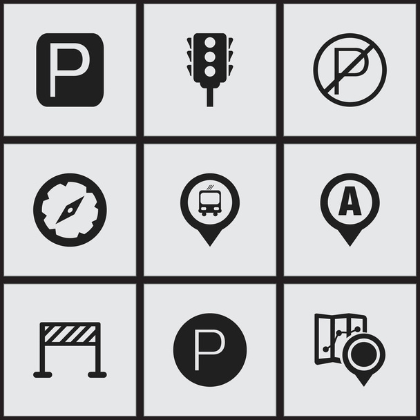 9 の編集可能な位置のアイコンのセットです。駐車場、マーカー、Gps などの記号が含まれています。ウェブ、モバイル、Ui とインフォ グラフィック デザインに使用することができます。. - ベクター画像