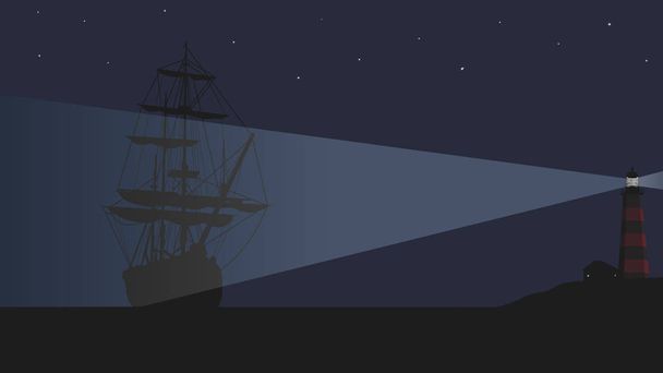 A lighthouse and a large sailing ship. - Vector, Image