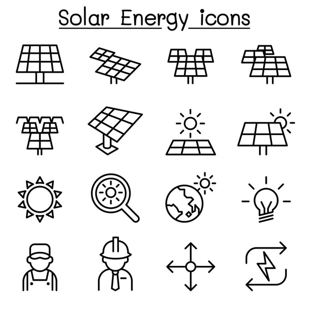 Solar energy industrial icon set in thin line style - Vector, Image