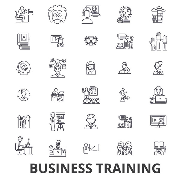 Business training, training session, learning, business meeting, presentation line icons. Editable strokes. Flat design vector illustration symbol concept. Linear signs isolated - Vector, Image