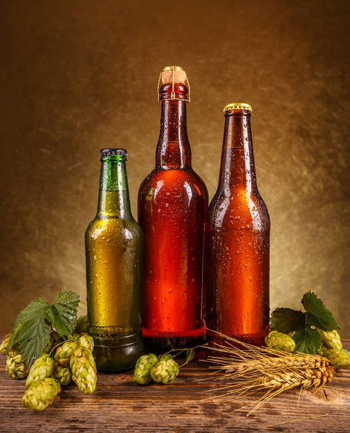 Beer bottles with wheat and hops - Fotó, kép