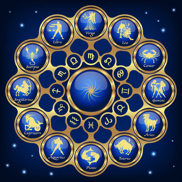 Niebieski horoskop złoty krąg. Koło z znaków zodiaku. Wektor - Wektor, obraz