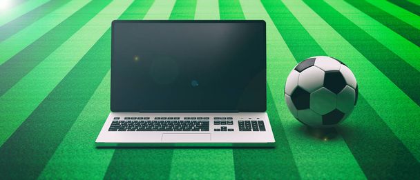Soccer football ball and a laptop on a field background. 3d illustration - Photo, Image