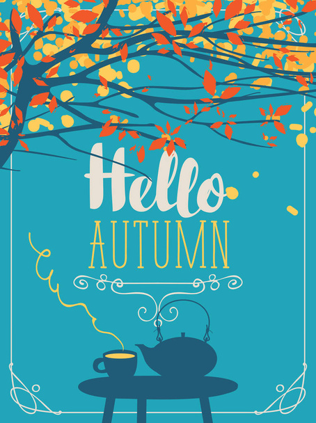autumn landscape with cup and kettle on the table - Vector, imagen