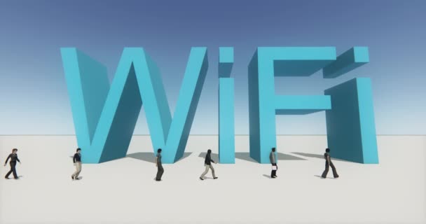 4 k ανθρώπους που περπατούν στο μπροστινό μέρος του wifi σύμβολο, σύμβολο web tech. - Πλάνα, βίντεο