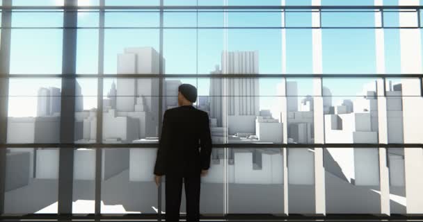 4k biznesmen stojąc z przodu windows & outlook firmy budowlane. - Materiał filmowy, wideo
