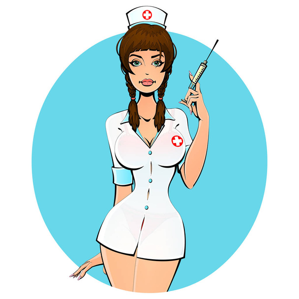 Sexy nurse with a syringe for a shot. Avatar, icon. For adults. - Вектор,изображение