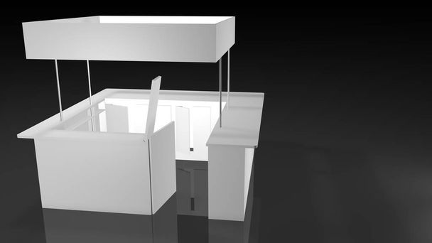 Fehér kiállítási stand négyzet alakú tervez-val nyitott ajtó a fekete háttér. 3D-leképezés - Fotó, kép