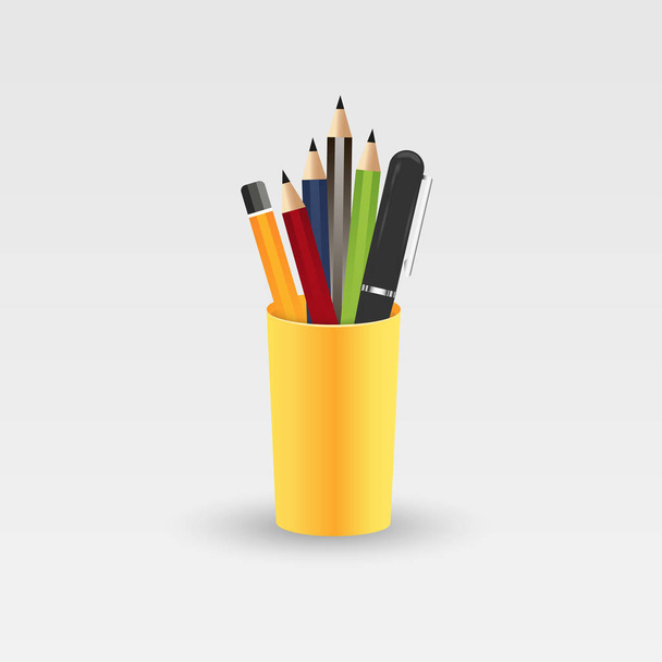 Colored pencils in a glass for office. Vector illustration isolated on white background. - Vecteur, image