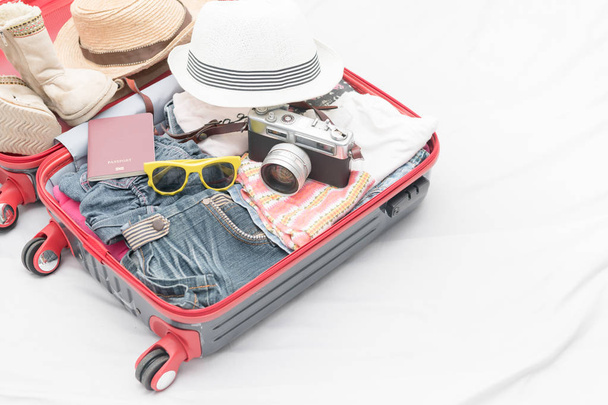 Travel accessories costumes. Passport, luggage, camera. - Photo, Image