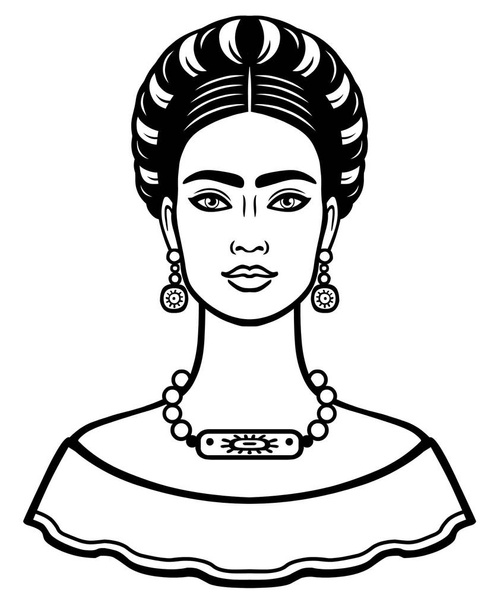 Animation portrait of the young beautiful mexican woman with a traditional hairstyle. Vector illustration isolated on a white background. Print, poster, emblem, card, t-shirt. - Vektor, obrázek