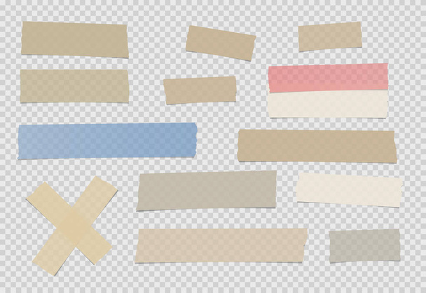 Brown, kleurrijke verschillende grootte lijm, plakband, papieren stukken op vierkante achtergrond. - Vector, afbeelding