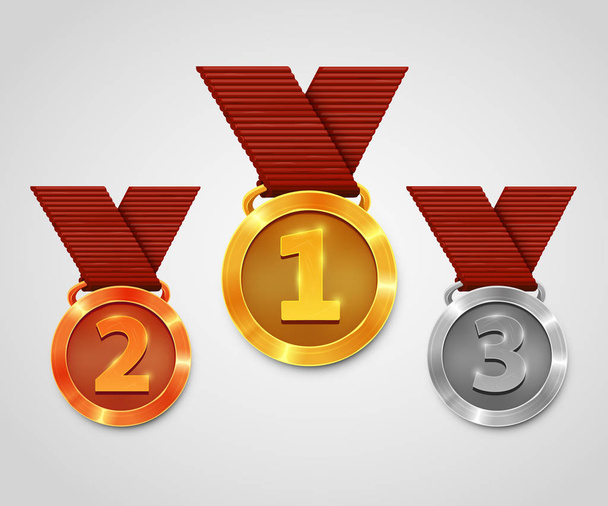 Three award medals with ribbons. Gold medal. Silver medal. Bronze medal. Championship award. - Vector, Image
