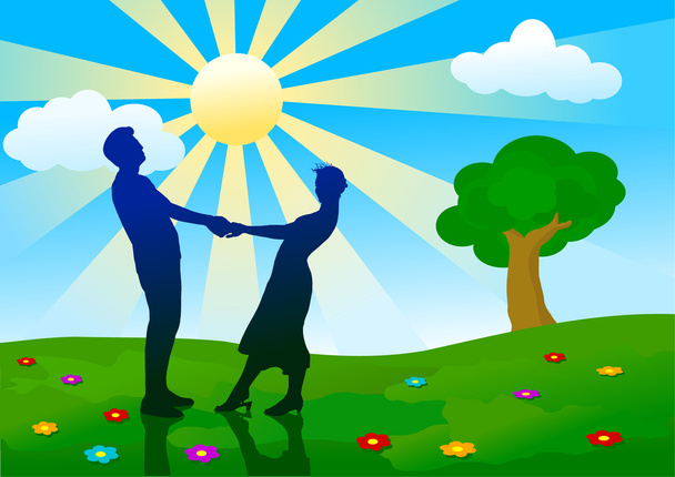 Silhouettes of man and woman standing on summer meadow. - Vector, Image