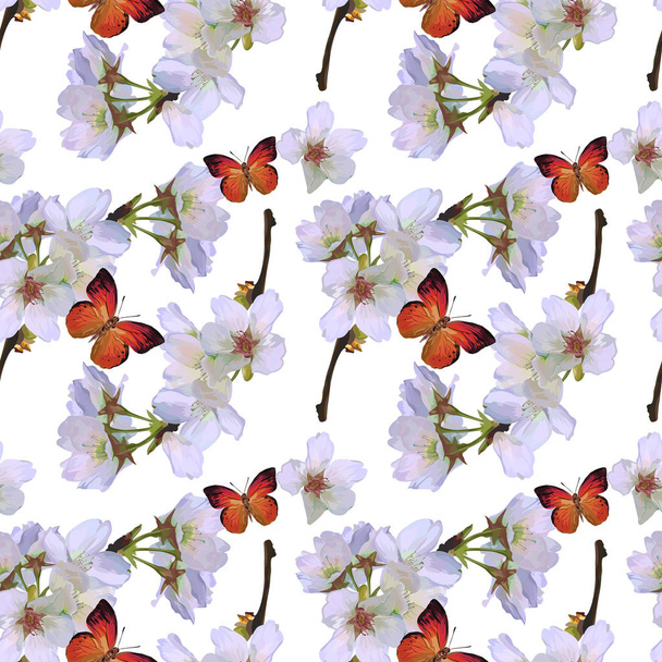 Seamless Vector Cherry Flowers Pattern - Vector, Image