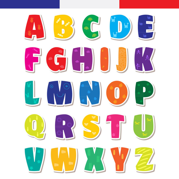 Χαριτωμένο αστείο παιδαριώδη γαλλικό αλφάβητο. Εικονογράφηση διάνυσμα γραμματοσειράς - Διάνυσμα, εικόνα
