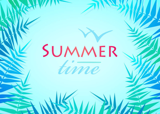 Hello Summer Holiday poster. Traveling template poster. Party poster with palm leaf and lettering summer time. - Vektor, obrázek