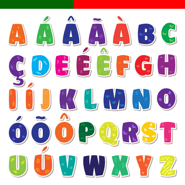 Cute funny childish Portuguese alphabet. Vector font illustration - Vector, Image
