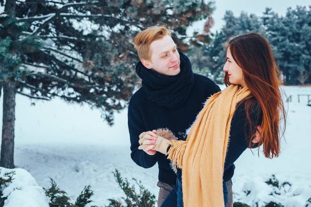 男と女は冬の森の中で休んでいる。雪の中で夫と妻。冬の公園を歩く若いカップル. - 写真・画像