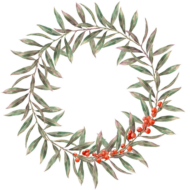 Watercolor elegant autumn wreath. Hand painted floral branch with leaves, red berries  isolated on white background. Botanical border for design, print. - Photo, Image