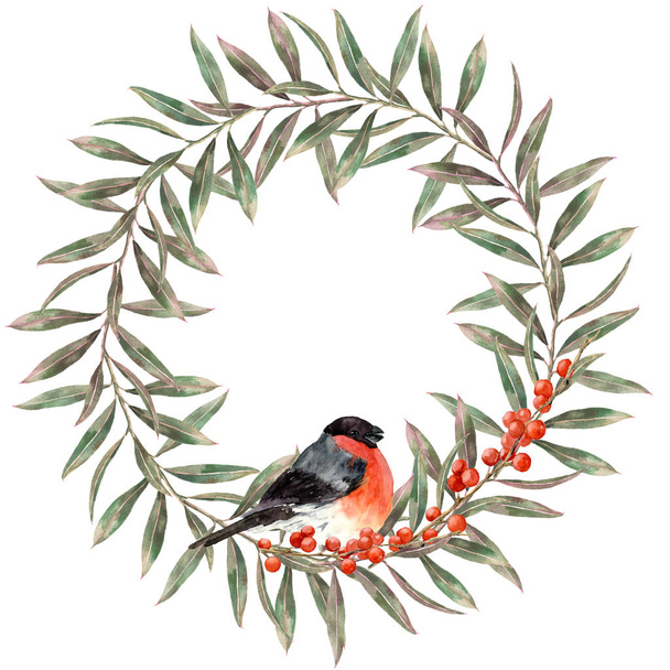Watercolor autumn wreath. Hand painted floral branch with leaves, berries and bullfinch isolated on white background. Botanical border for design, print. - Zdjęcie, obraz