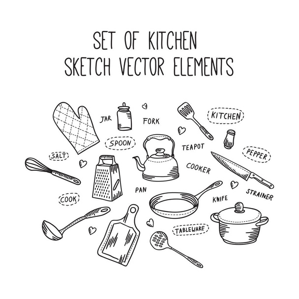Kuchyň kuchař skica vektoru elementy. Sada příslušenství nádobí ručně kreslenou doodle stylu - Vektor, obrázek