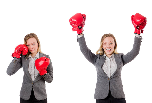 Woman businesswoman with boxing gloves on white - Zdjęcie, obraz