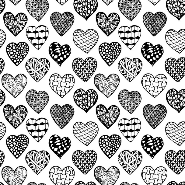 black and white seamless background hand drawn hearts. Pattern coloring book, design for holiday greeting card and invitation of wedding, Valentine's day, mother's day, birthday - Vecteur, image