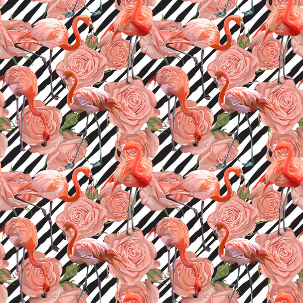 Seamless Vector Flamingo With Pink Rose Pattern - Vecteur, image