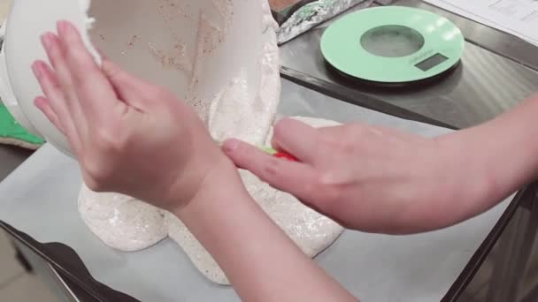 Wyroby cukiernicze chef ręce wycieki kremowe ciasto na blasze do pieczenia pokryte papieru gotowania - Materiał filmowy, wideo