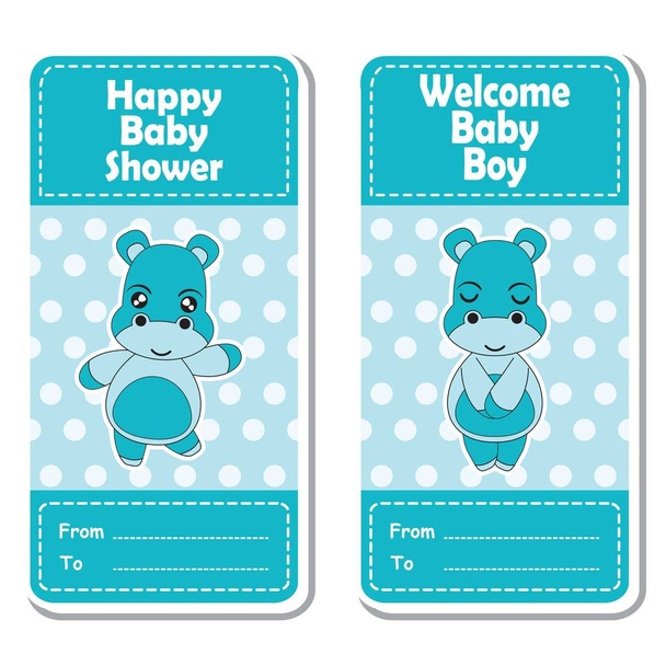 Illustrazione del fumetto vettoriale con simpatico ippopotamo ragazzo su sfondo blu a pois adatto per il design dell'etichetta doccia Baby
 - Vettoriali, immagini