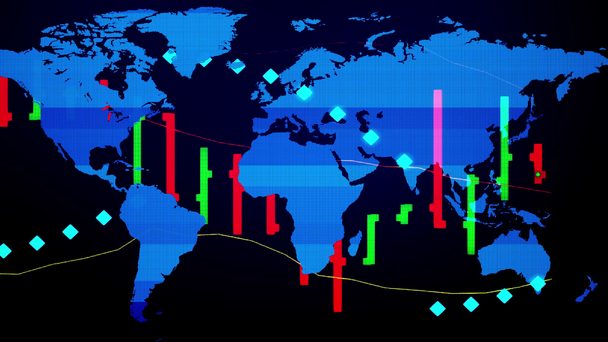 外国為替株式市場チャートと Hud 地球地図背景 - 新しい品質金融ビジネス アニメーション動的モーション映像 - 映像、動画
