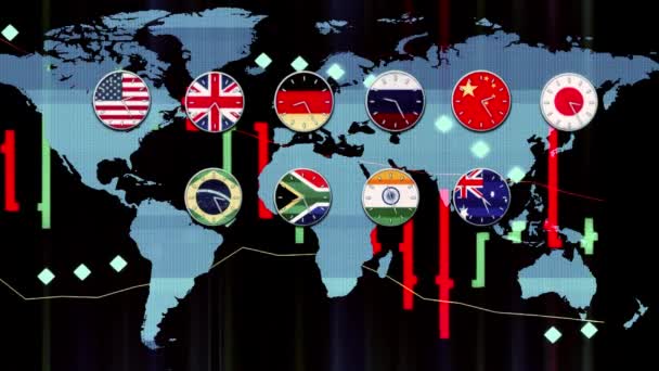 Tickerdiagramm mit Welt-Devisenmarktuhren, die in Echtzonen gehen, hud Earth Map auf dem Hintergrund - neue Qualität des Finanzgeschäfts animierte dynamische Bewegungsvideomaterial - Filmmaterial, Video